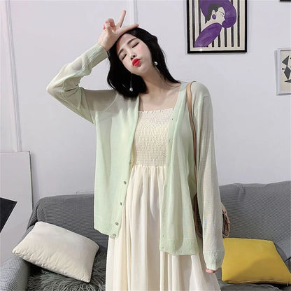 Spring Summer Comfortable Casual Blouses white knitted cardigan 2024 Women's Clothing Solid V-neck Elegant Fashion Button Loose green One Size