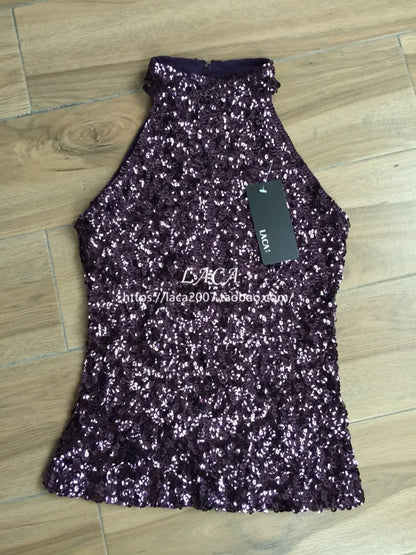 Sequins Women Fashion Shimmer Flashy Embellished High Quality Halter Neck Sleeveless Vest Sexy Tank Top Clubwear Stage Perform PURPLE One Size