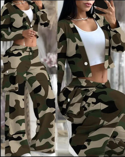 Women's Spring Summer New Fashionable Solid Color Printed Sexy Waist Short Top Casual Pants Set For Women Military green
