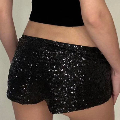 CIBBAR Party Style Skinny Sequin Shorts Solid Low Rise Slim-fitting Short Pants for Women y2k Aesthetic Streetwear Shorts Summer
