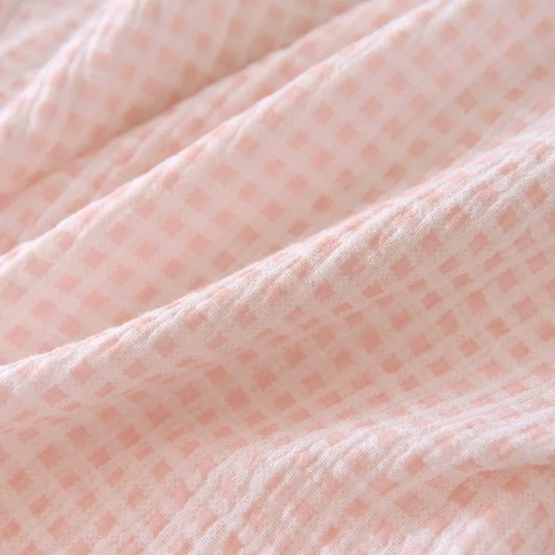 2025 Japanese summer new women's pajamas suit short-sleeved shorts two-piece 100% cotton crepe simple checked thin home clothes