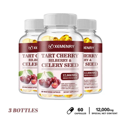 Organic Tart Cherry & Celery Seed Capsules - Uric Acid Cleanse, Support Sleep & Joint Health Muscle Repair Supplement 60 Capsule-3bottles