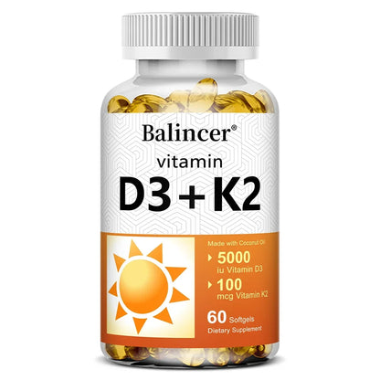 Vitamin D3 + K2 with Organic Virgin Coconut Oil, Vegan D3 (5000iu) with MK7 Vitamin K2 (100mcg), Supports Bone Health Supplement 60 count-1 bottle