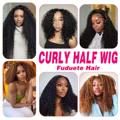 Half Wigs Human Hair Kinky Curly 3 In 1 Human Hair Wig Seamless Flip Over Half Wig Beginner Friendly Curly Wigs for Women Badiee Stylez