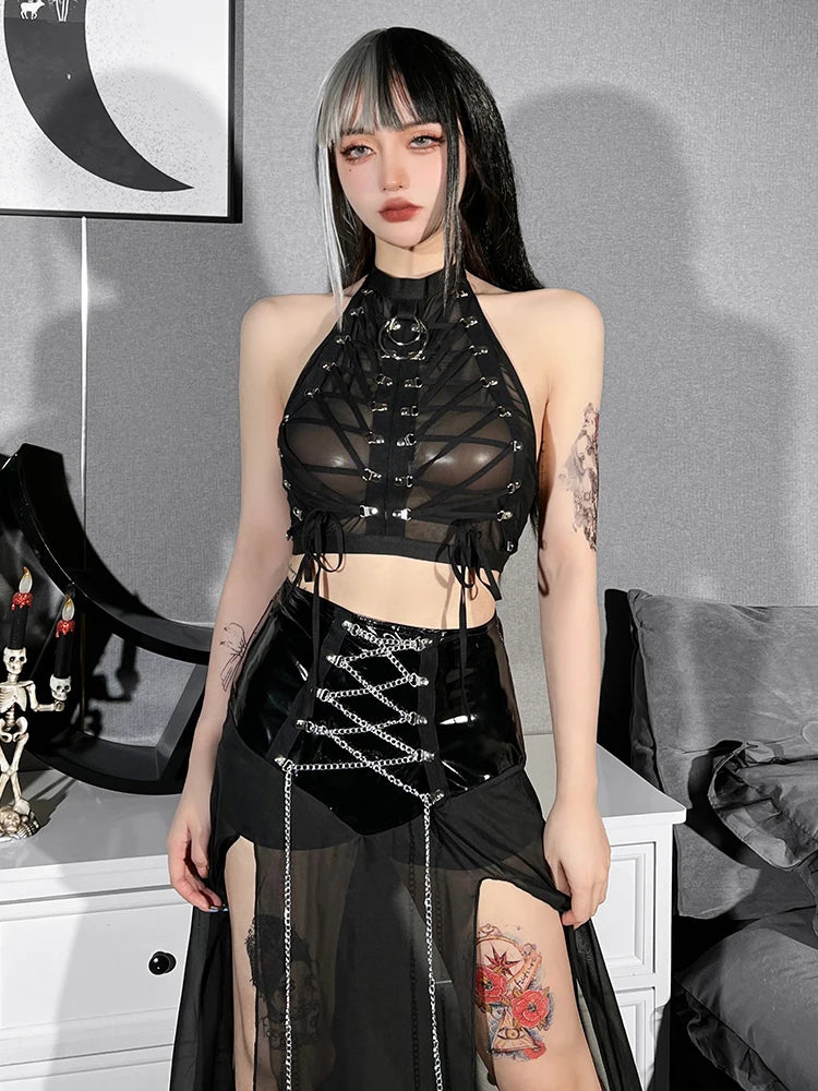 Gothic Punk Ring Halter Top Bodycon Lace Up Crop Bandage Tank Tops Y2k Mesh T Shirt Exotic Vest Sexy Hollow Out Backless Caims