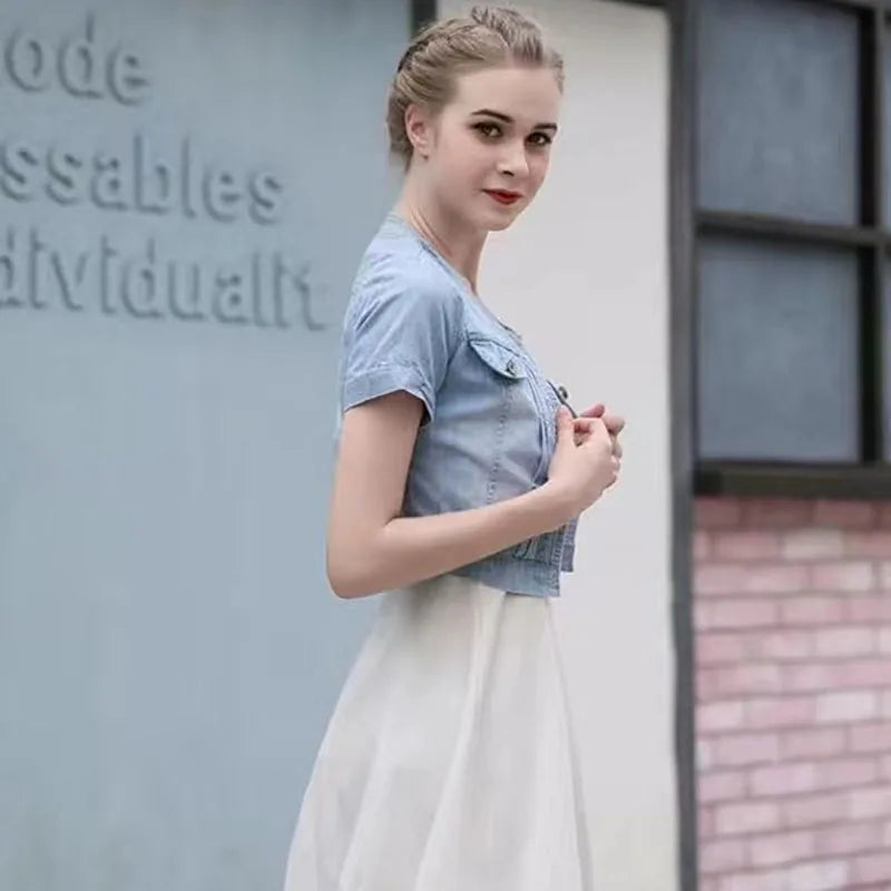 Lucyever Korena Y2K Cropped Jacket Women Casual Short Sleeve Denim Jackets Female Summer Thin Single-Breasted Jeans Outerwear