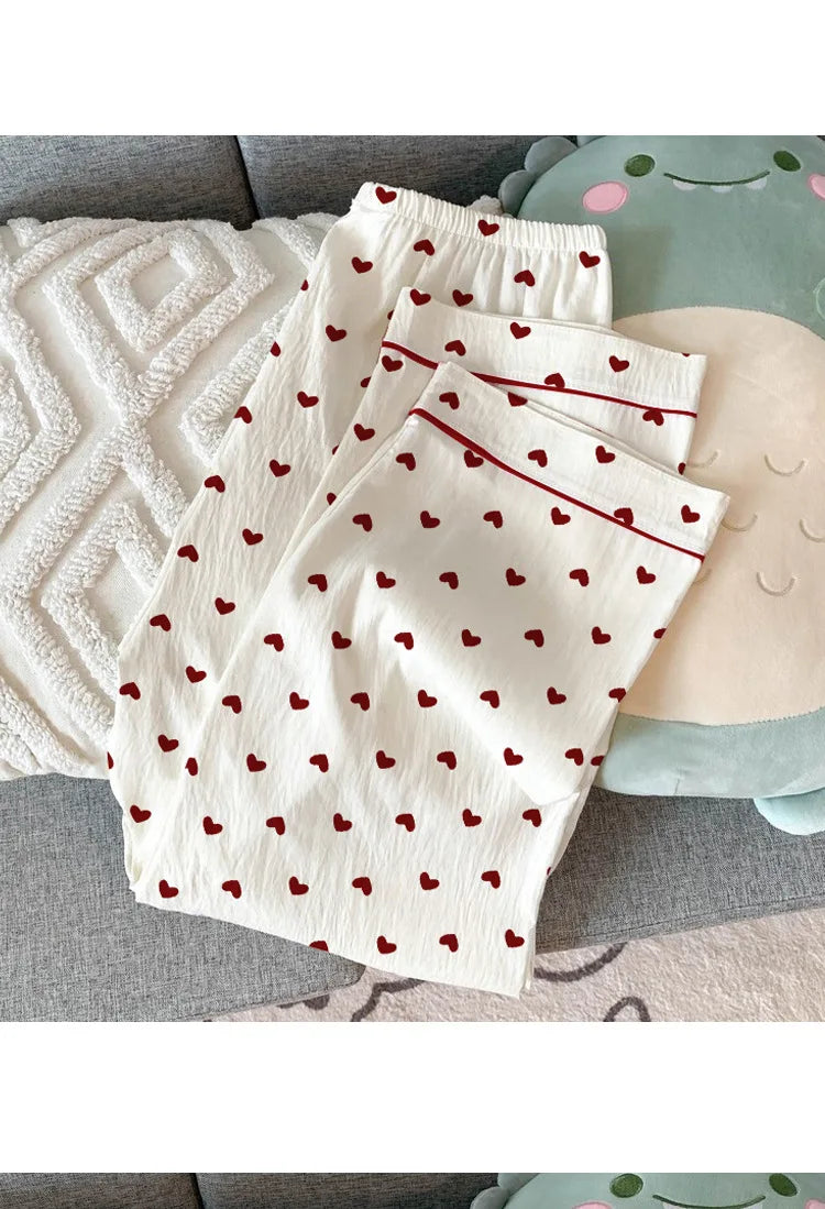 Women Summer Pajamas Three-piece Set Leisure Sleepwear Short Sleeve Lapel Sweet Heart Print Homewear Female Loose Loungewear