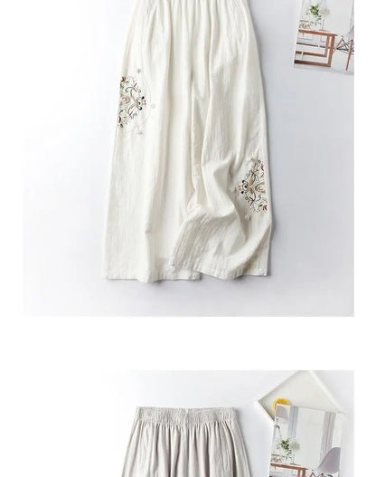 Summer Cotton Linen Cropped Pants Women Casual Thin Vintage Ethnic Bottom Embroidered Wide Leg Pants Woman Clothes Trousers