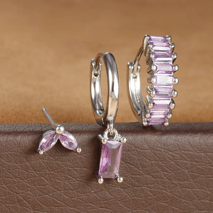 3PCS Stainless Steel Square Earrings Sets for Women Vintage Zircon Pendant Geometry Round Circle Hoop Earrings Piercing Jewelry Silver-Purple-3pcs