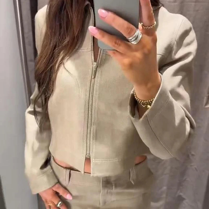 Fashion Short Jackets Pants Sets Women Lapel Zipper Long Sleeve Coats Pleated Straight Pant 2025 Spring Summer Lady Office Suits