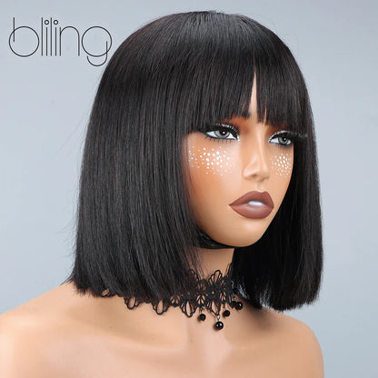 200% Human Hair Wig With Bang Natural Glueless Straight Layered Bob Hairstyle 1X13 Transparent Lace Black for Women 10 Inch Badiee Stylez