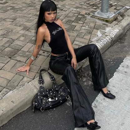 Dulzura Halter Sleeveless Crop Top Vest 2024 Summer Women Lace Patchwork Sexy Rhinestones Y2K Vintage Elegant Club