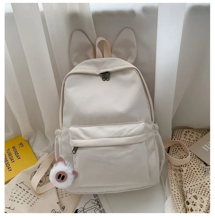 Personalized And Simple Rabbit Ears New Fashion Nylon Fabric Backpack Customized Embroidery Name Men's And Women's Student Bag Ivory