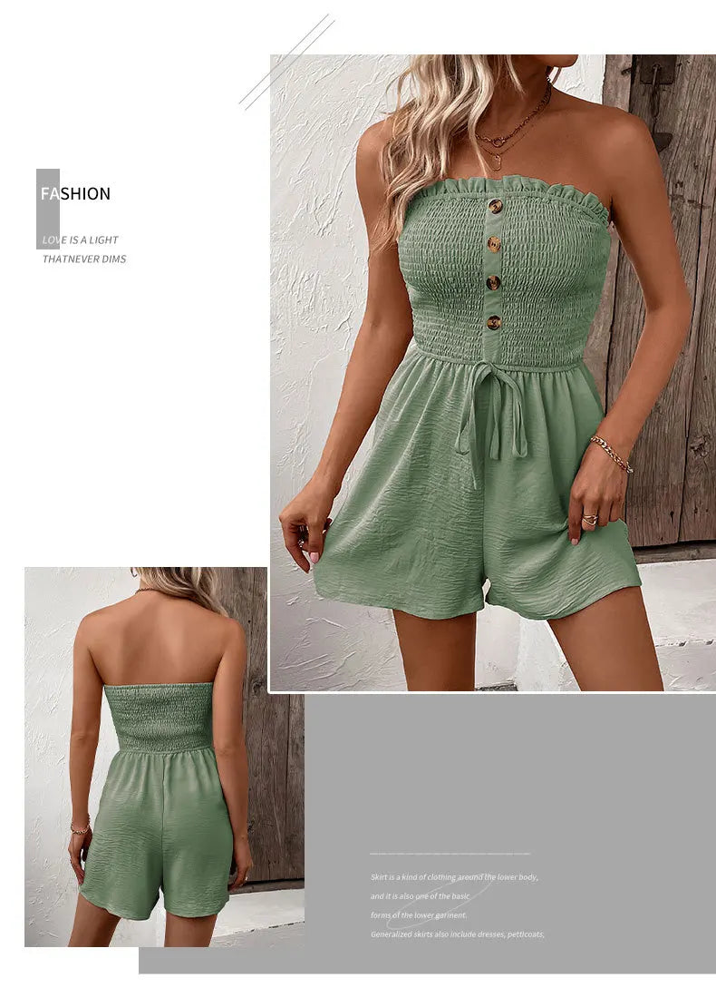 Summer Fashion Splicing Women's Solid Color Sexy Sleeveless Bra Button Tie Waist Casual Comfortable Jumpsuit Shorts 3/4