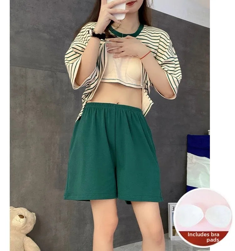 Women's Summer Spwear ort Sve Thin Striped Home Clothes Two-Piece Set with Chest Pad Milk Silk round Ne Pullover