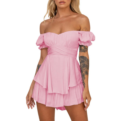 Women s Boho Off Shoulder Romper Double Layer Ruffle Hem Lantern Long Sleeve Waist Tie Back Chiffon Short Jumpsuits C-Pink