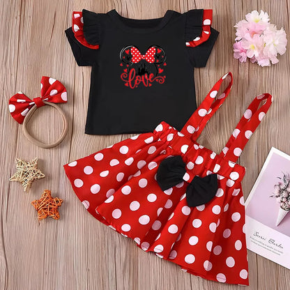 Minnie Mouse Girl Set Children Dress Baby Clothing Set Summer Birthday Costume Polka Dot Suspender Skirt Bow Headband skirt suit