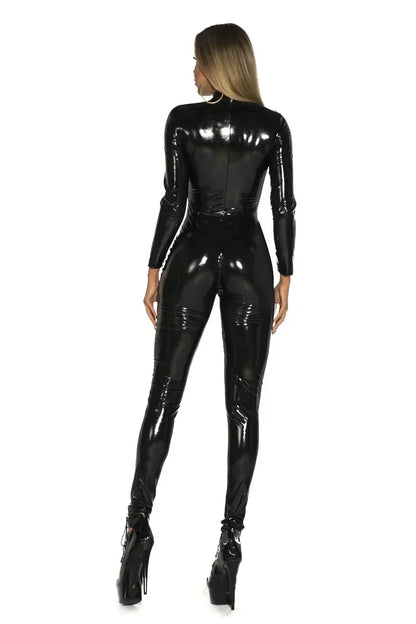 2025 Halloween Women's Wet Look Shiny PU Faux Leather Jumpsuit Suit Long Sleeve Zipper Open Crotch Latex Bodysuit Clubwear Badiee Stylez