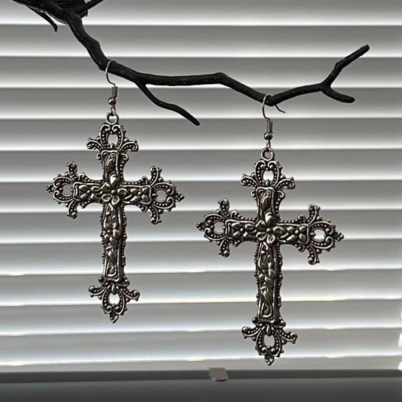 Vintage Cross Earrings Necklace for Women Christ Dangle Earrings Gothic Punk Dangle Drop Necklace Men Girl Grunge Hoop Jewelry