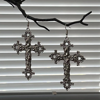Vintage Cross Earrings Necklace for Women Christ Dangle Earrings Gothic Punk Dangle Drop Necklace Men Girl Grunge Hoop Jewelry
