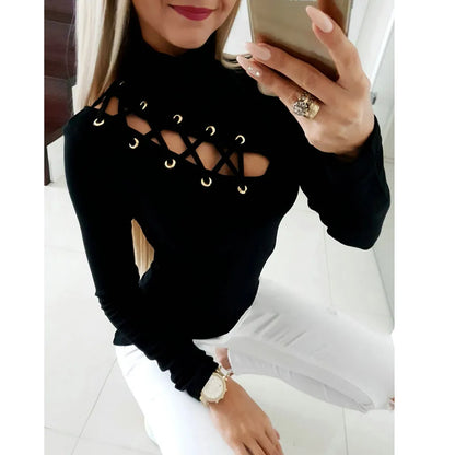 Women Shirt Fashion Sexy High Pure Color Leaky Blouse Under Shirts Long Sleeve Slim Fit Hollow Out Female Clothes High Elastic