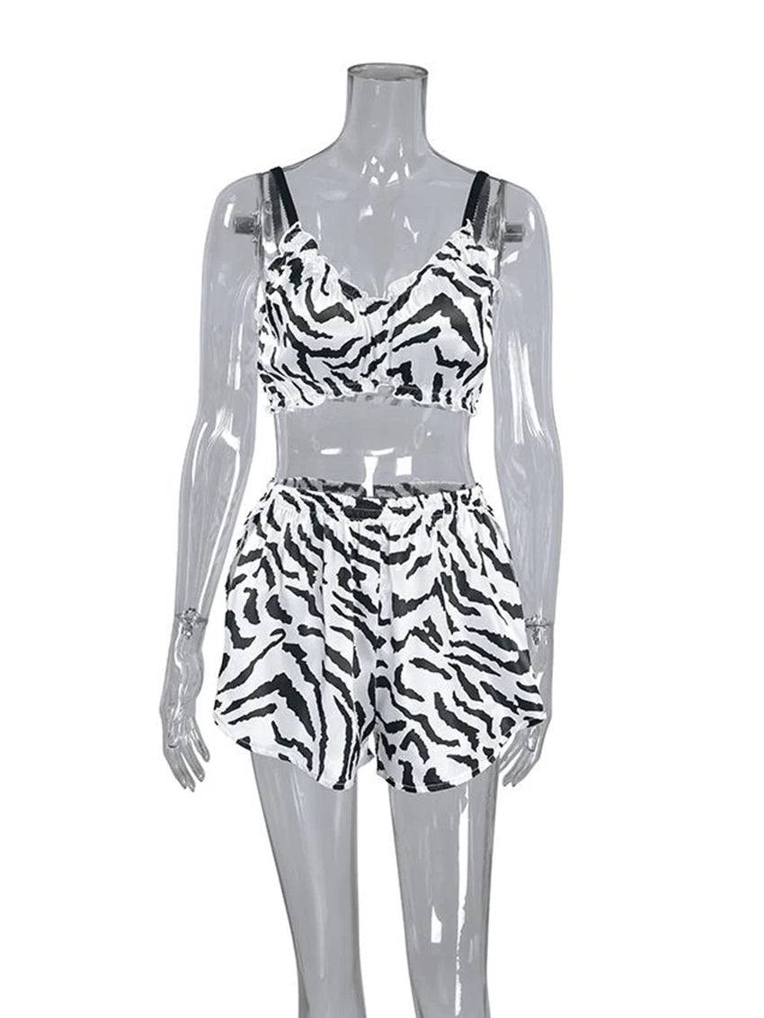 Marthaqiqi Printing Women Sleepwear 2 Piece Set Tank Tops Pajamas Crop Top Spaghetti Strap Nightgowns Shorts Casual Nightie Suit