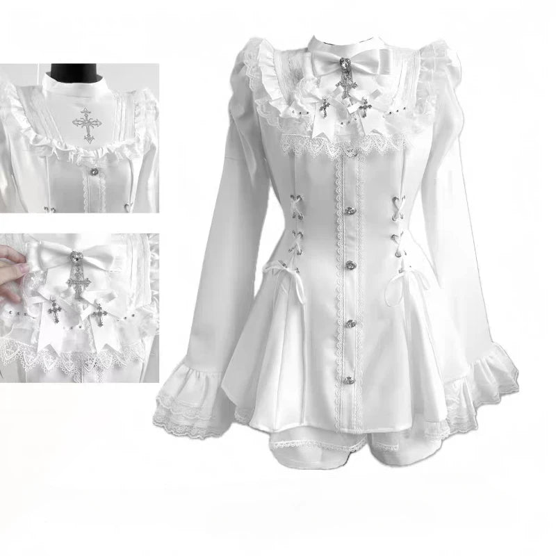 Y2k Aesthetic Lolita Style Bow Dress Shorts Set Japanese Women Gothic Lace Flare Sleeve Button Shirt Dress Punk Party Mini Dress 318 White