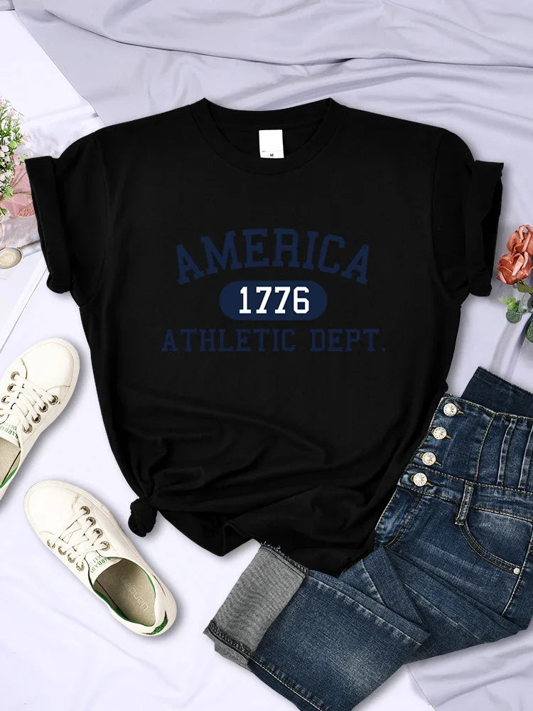 America 1776 Athletic Dept Letter T-Shirt Female Sport Casual Crop Top Cool Hip Hop Tee Shirt Soft Breathable T Shirt Women H2031-Black