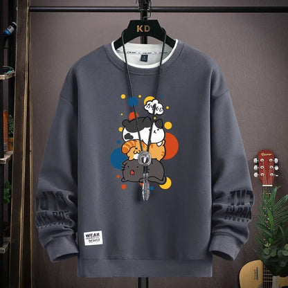 Spring Men's Sweatshirt Japan Cartoon Cats Printed Long Sleeve T-shirt Fashion Men's Clothing Khaki O Neck Harajuku Top 2024 New Die-Grey