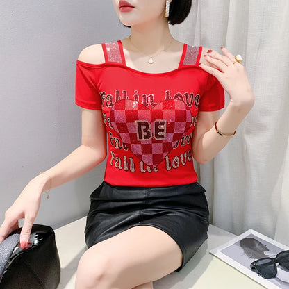 Aoxison Summer Short Sleeved Women's T-Shirt Elegant Slim Shiny Love Heart Diamonds Mesh Tops Chic Girl Sexy Off Shoulder Tees Red2