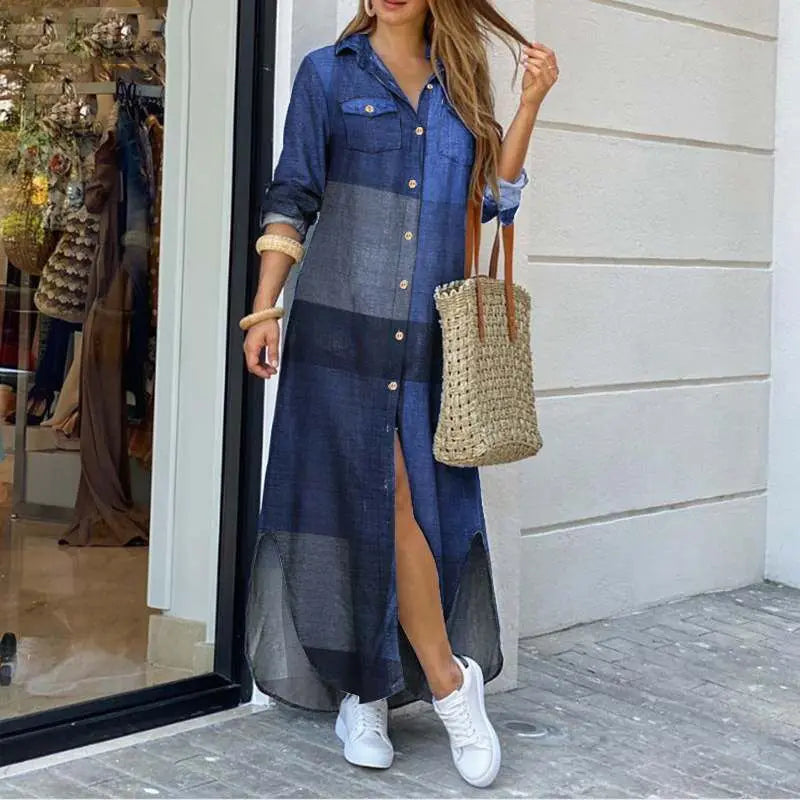 Spring And Autumn Women's Fashion Plaid Printed Polo Neck Shirt Dress Elegant Denim Long Sleeve Button Pocket Loose Long Dreess Badiee Stylez