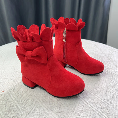 Spring Autumn Bow Girls Fashion Toddler Boots PU Leather Low Heel Kids Princess Boots Party Zip Children Ankle Baby Girl Shoes