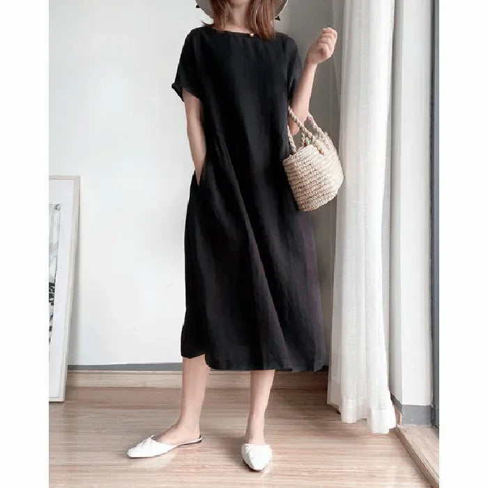 New in Spring Summer Women's Dress Elegant Casual Loose Short Sleeve Tops A-LINE Oversize Solid Midi Dresses for Women Clothing Badiee Stylez