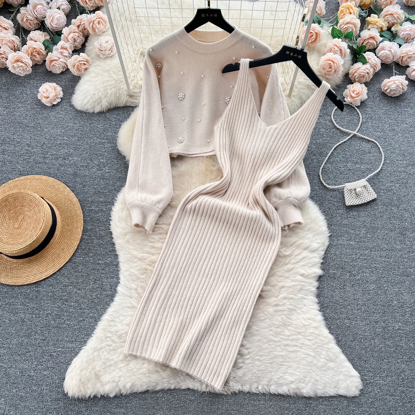 SINGREINY Beading Casual Two Piece Set Women Long Sleeve O Neck Pullover Midi Dress Fashion 2023 Winter Sweater Suit Dresses Badiee Stylez