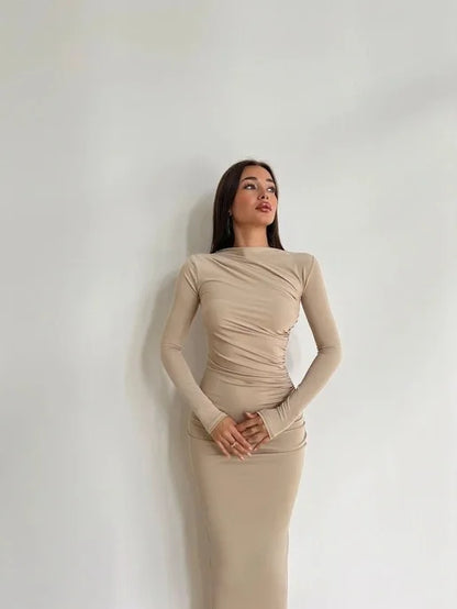 Sexy Bodycon Long Sleeve Midi Dress Women 2024 Autumn Slim Solid Party Package Hip Elegant Dresses For Women Robe Femme
