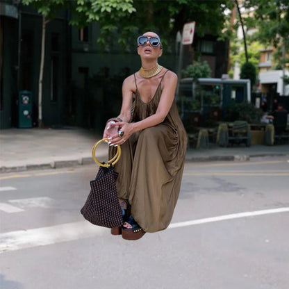 Fashion Solid Pleated Jumpsuit Women Chic Sleeveless U Neck Backless Loose Vacation Pants Set 2025 Summer Holiday Street Outfit