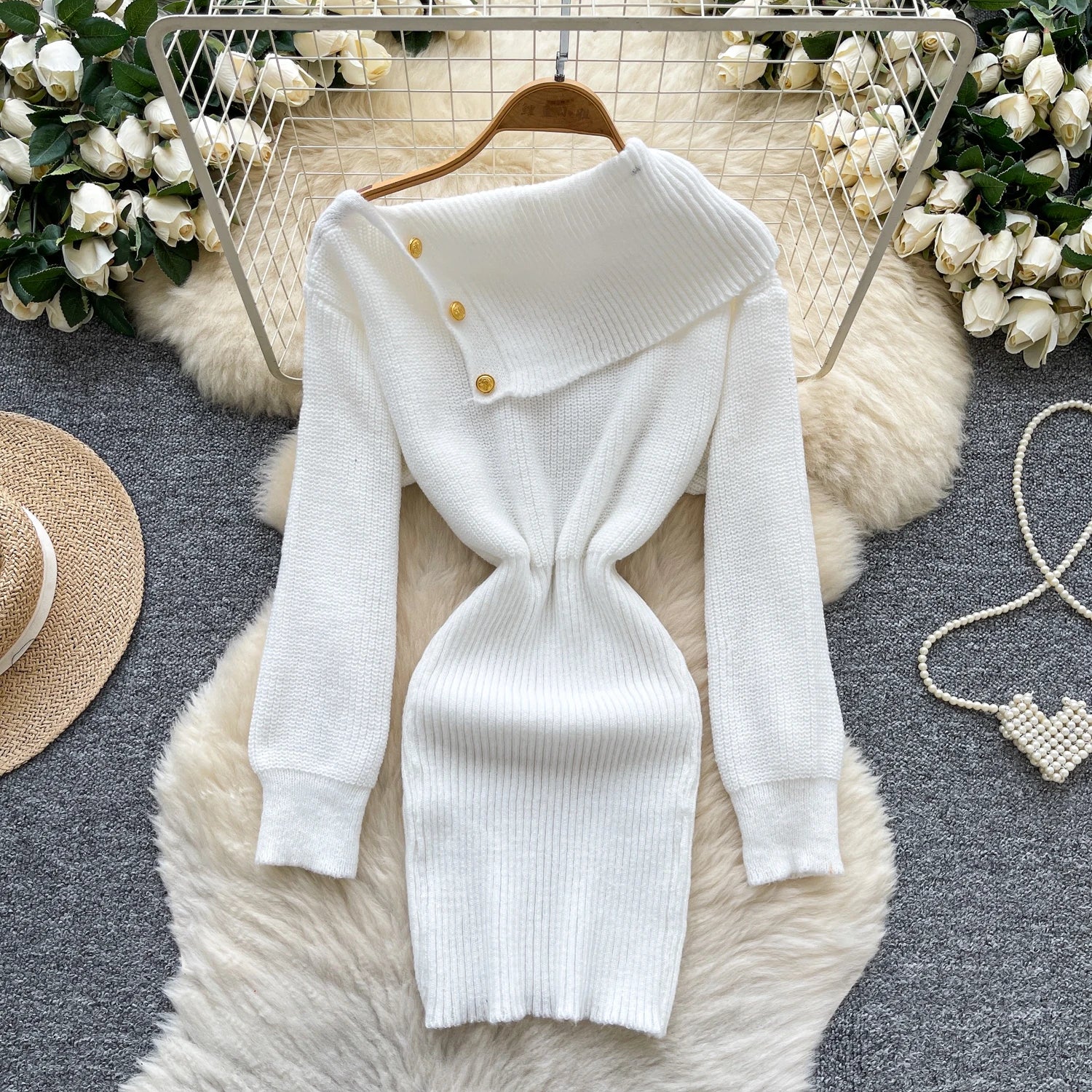 SINGREINY Autumn Knitwear Bodycon Dress Diagonal Collar High Elastic Slim Fit Design Female Light Luxury Solid Sweater Dress
