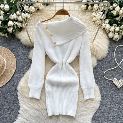 SINGREINY Autumn Knitwear Bodycon Dress Diagonal Collar High Elastic Slim Fit Design Female Light Luxury Solid Sweater Dress