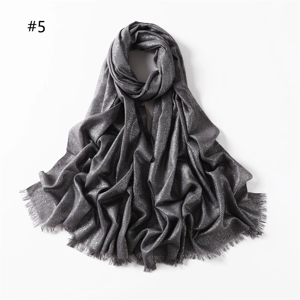 Lastest Brand Design Scarf Shiny Solid Color Shawls Rayon Fabric Gold Silk Silver Wire Head Shawl Fringe Hijab For Women