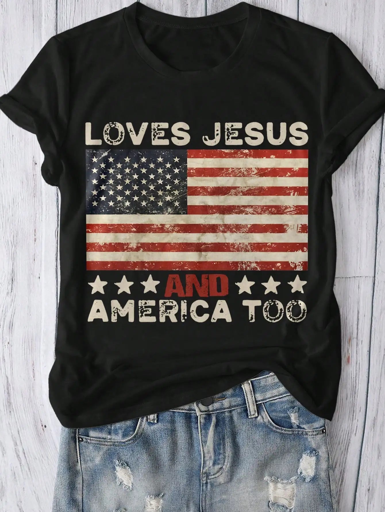 Plus Size Patriotic Tee Featuring Loves Jesus And America Too Message With Vintage American Flag Print black