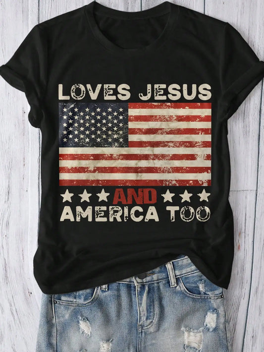 Plus Size Patriotic Tee Featuring Loves Jesus And America Too Message With Vintage American Flag Print black