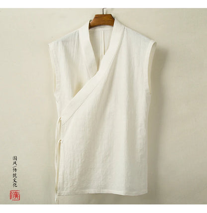 Chinese Traditional Clothing Hanfu Vest Men Linen Cotton Sleeveless Top Men's Tang Suit Kimono Cardigan Men's Slit Top