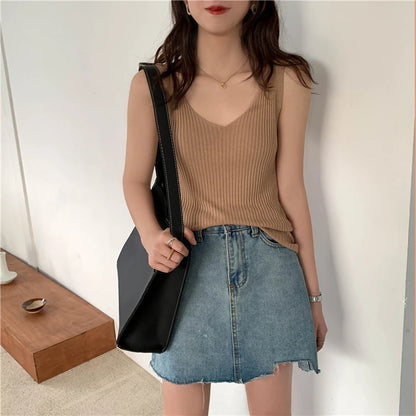 Solid Color Basic Women's Vest Tank Top Solid Color Knitted Tees Top Cropped Top Camisole Sweater V-neck Summer Sleeveless