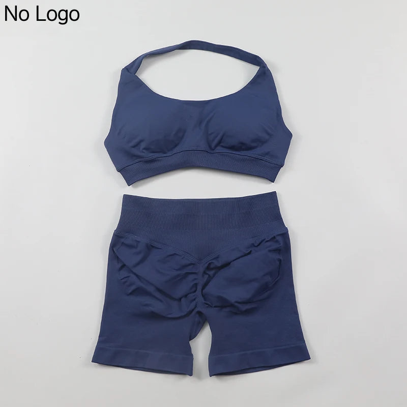 Fitness Shorts Sets Seamless Yoga Set Women 2Pcs Halter Sports Bra Scrunch Butt Gym Shorts Set Workout Clothes Summer Sportswear Badiee Stylez