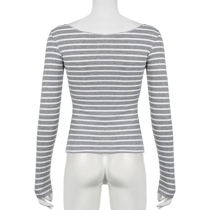 Lamuusaa Grunge Top y2k Clothes Women Cybercore Striped Off Shoulder Long Sleeve T Shirt 2000s Gothic Clothing Fall Streetwear