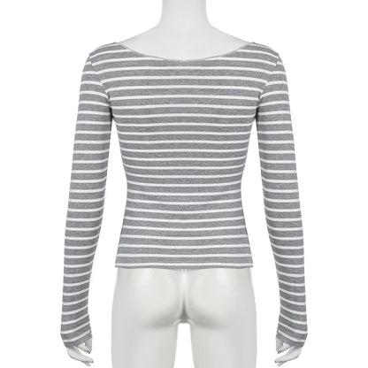 Lamuusaa Grunge Top y2k Clothes Women Cybercore Striped Off Shoulder Long Sleeve T Shirt 2000s Gothic Clothing Fall Streetwear