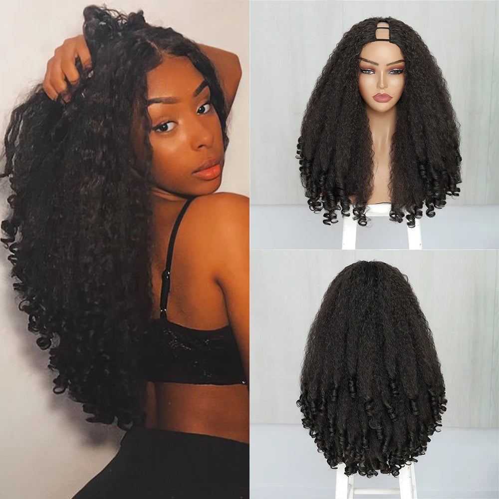 X-TRESS Afro Curly V Part Wig with Bouncy Curls Synthetic Kinky Straight Glueless Hair for Women No Leave out Clip in Half Wig #2 20inches