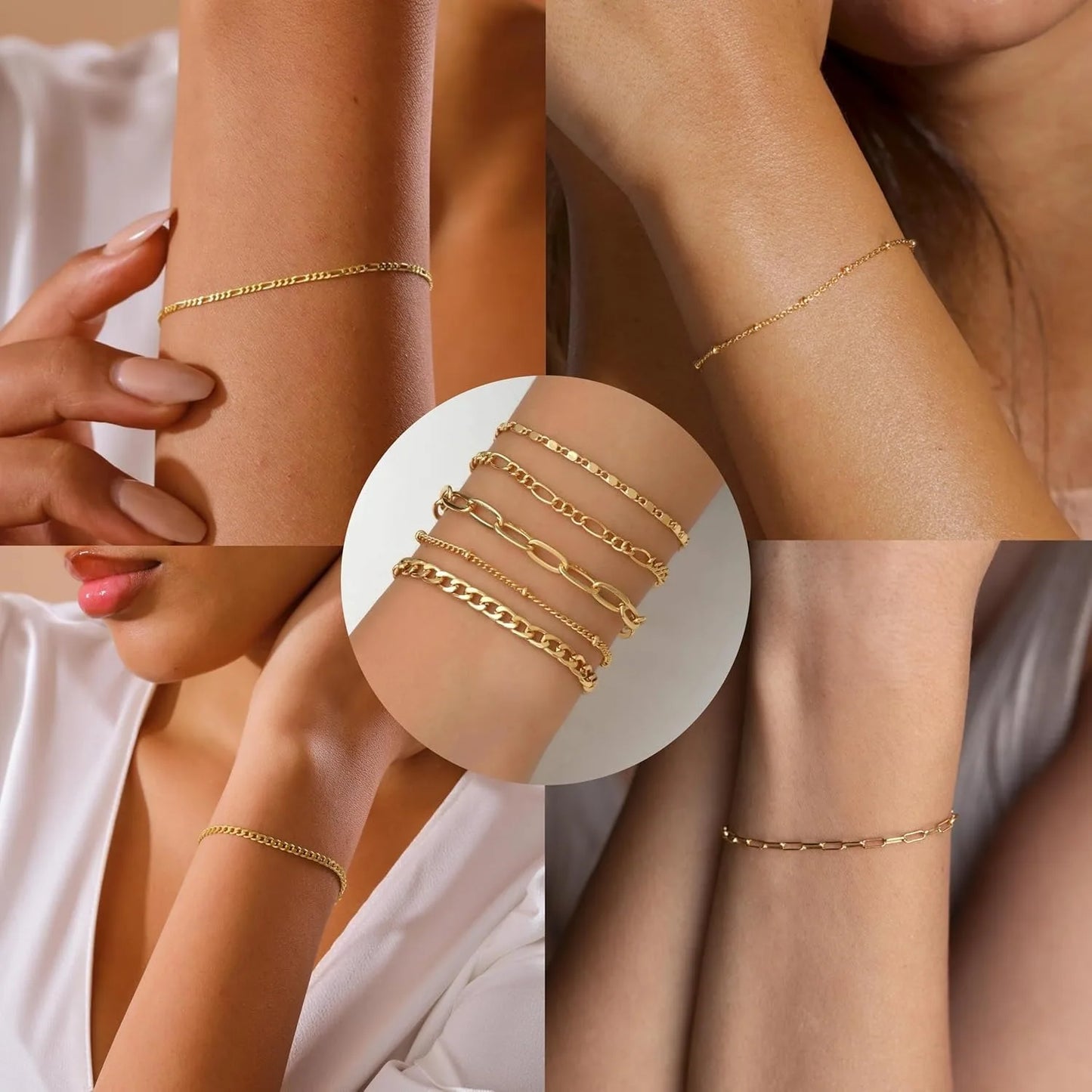 Gold Bracelets Set for Women,14K Gold Plated Dainty Gold Link Chain Bracelets Trendy Stackable Gold Cuff Bracelets Jewelry Gifts