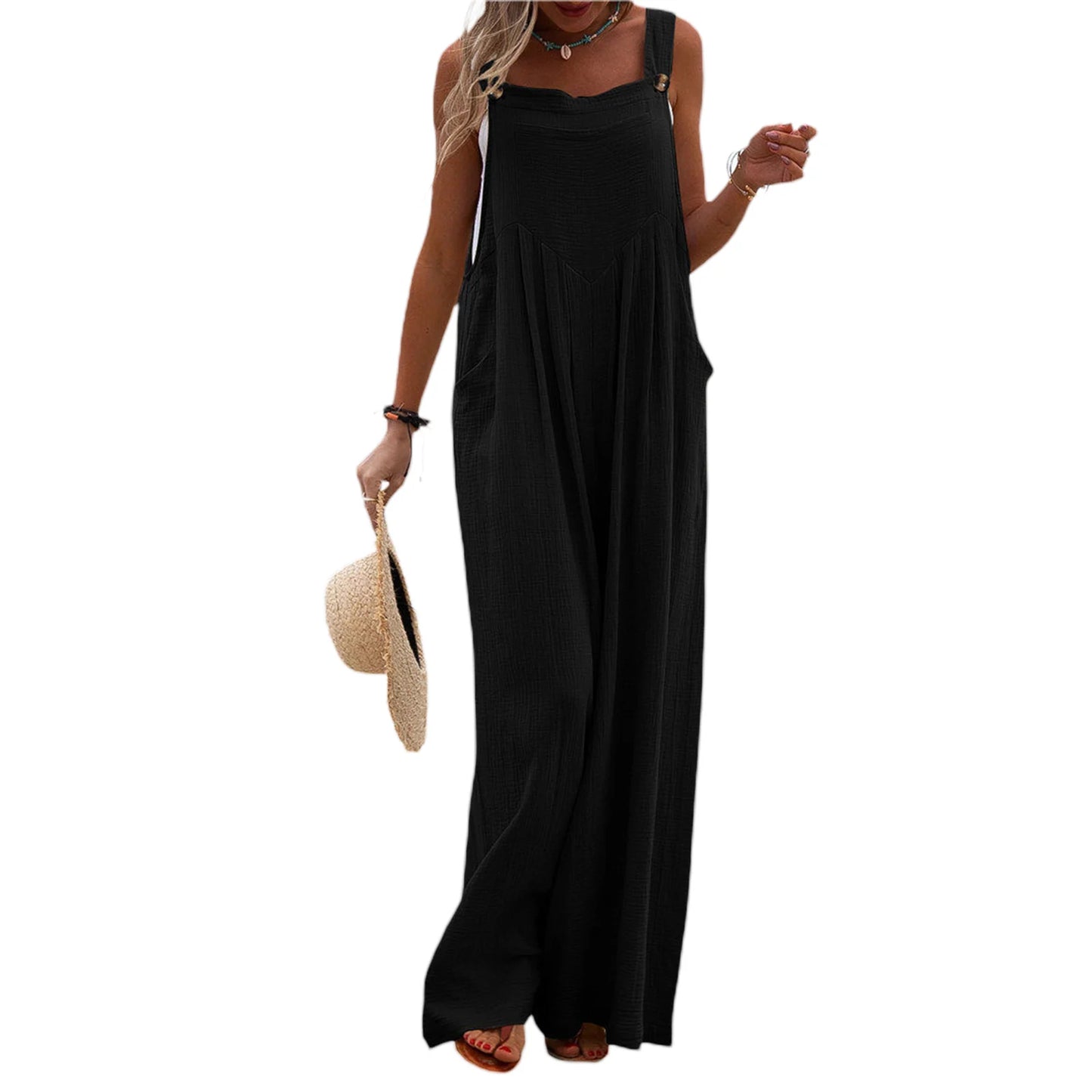 Overalls Women Summer Jumpsuit Outfits Plus Size Solid Color Casual Button Wide Leg Suspender Pants Overalls with Pockets black