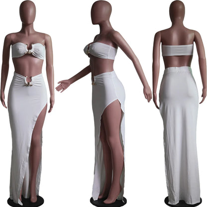 Customized Sexy Strapless Hollow Out Women Dress White Sleeveless High Slit Dress Female Autumn Skinny Elegant Party Clubwear 20
